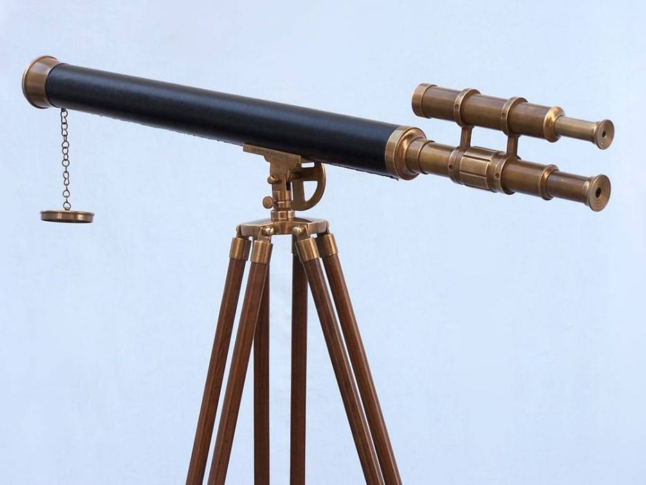 Hampton Nautical 64-Inch Floor Standing Antique Brass with Leather Griffith Astro Telescope Rear Body Eyepiece and Focuser Side Profile Left