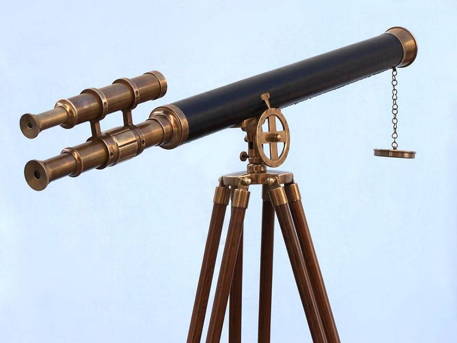 Hampton Nautical 64-Inch Floor Standing Antique Brass with Leather Griffith Astro Telescope Rear Body Eyepiece and Focuser Side Profile Right
