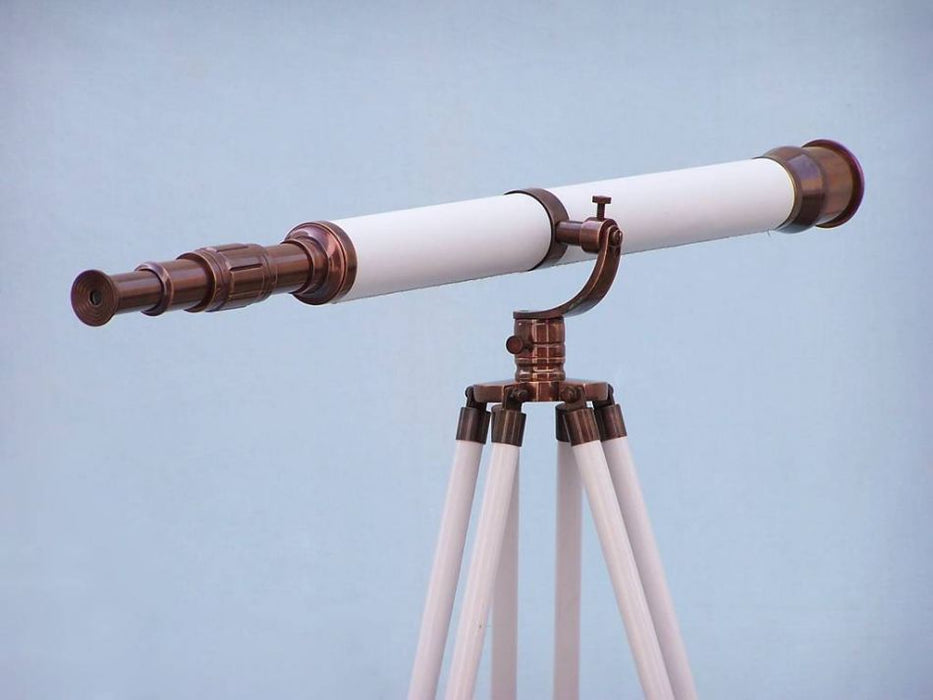 Hampton Nautical 65-Inch Floor Standing Antique Copper With White Leather Galileo Telescope Body Side Profile Right
