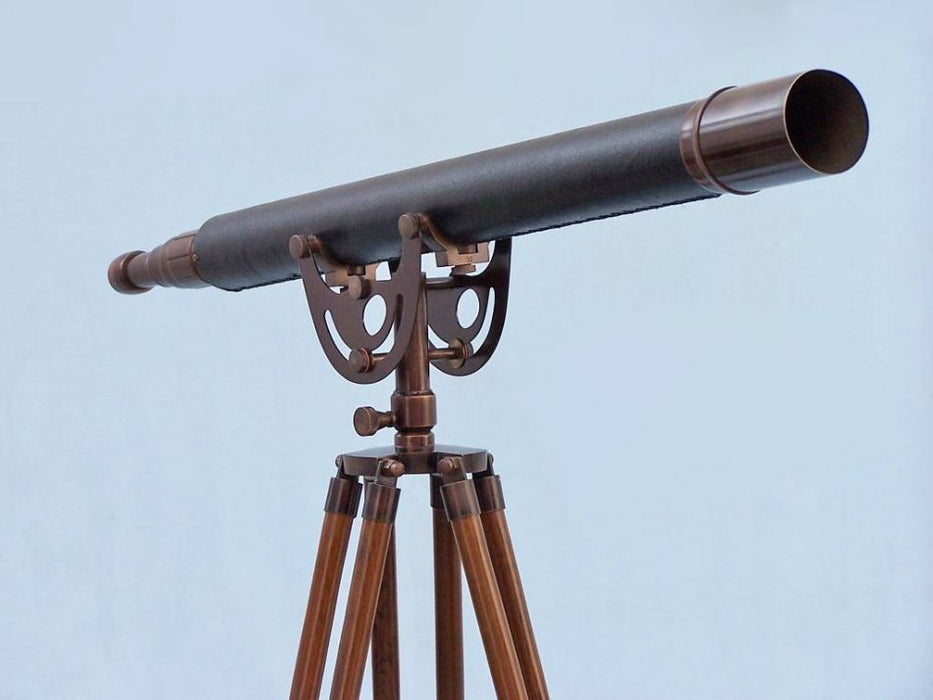 Hampton Nautical 65-Inch Floor Standing Antique Copper with Leather Anchormaster Telescope Body Side Profile Right