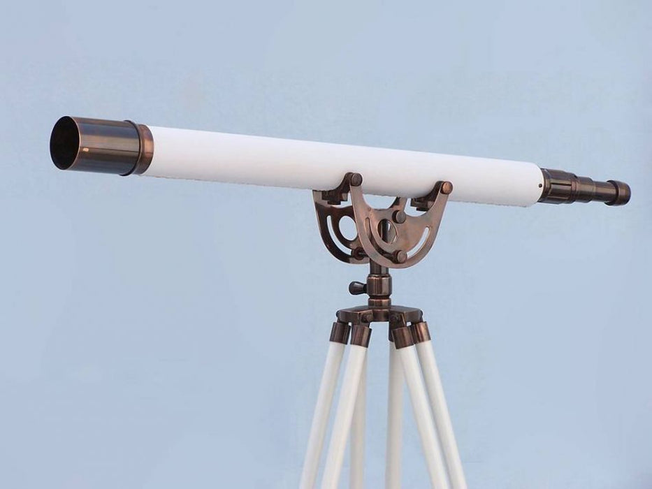 Hampton Nautical 65-Inch Floor Standing Antique Copper with White Leather Anchormaster Telescope Body Side Profile Left