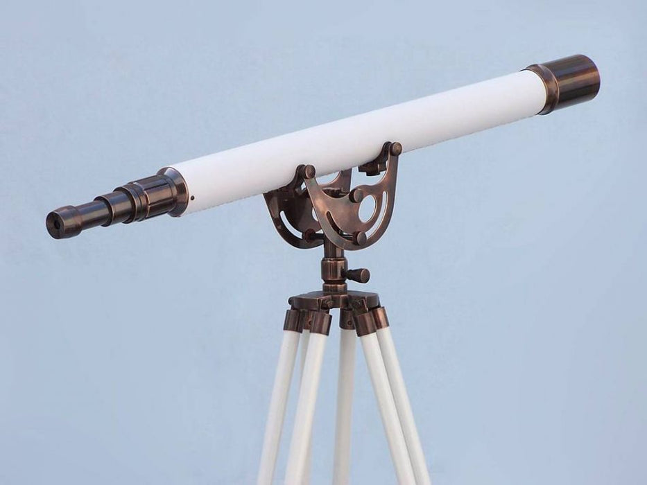 Hampton Nautical 65-Inch Floor Standing Antique Copper with White Leather Anchormaster Telescope Body Side Profile Right