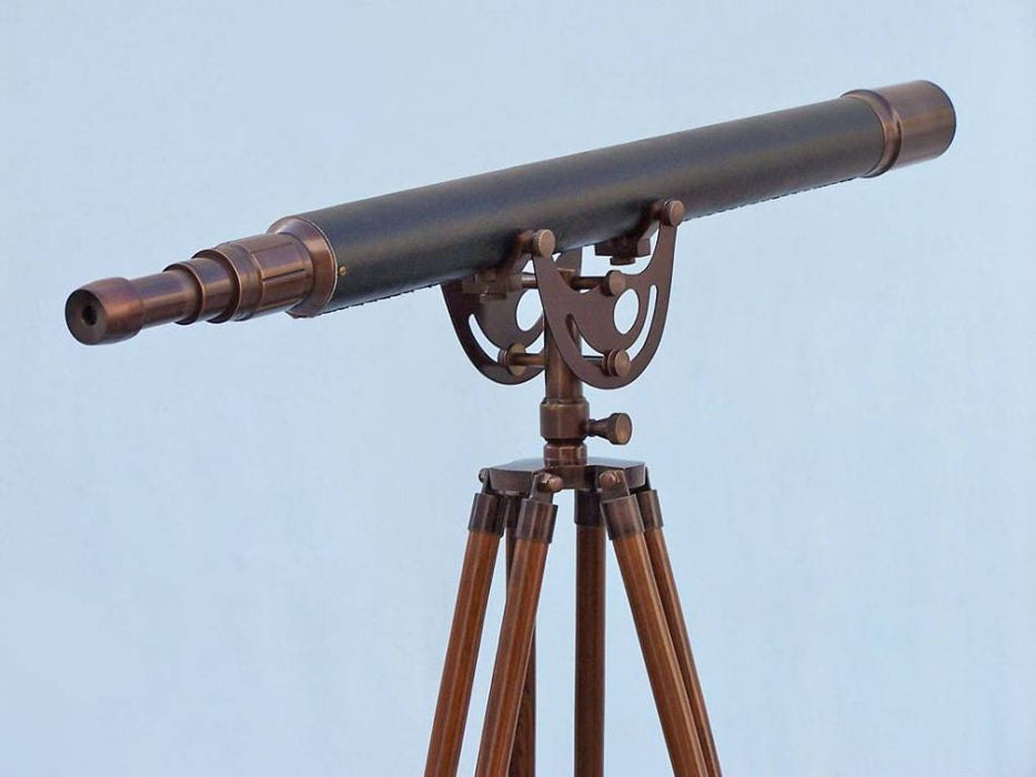 Hampton Nautical 65-Inch Floor Standing Bronzed with Leather Anchormaster Telescope Body Rear Eyepiece Right Profile