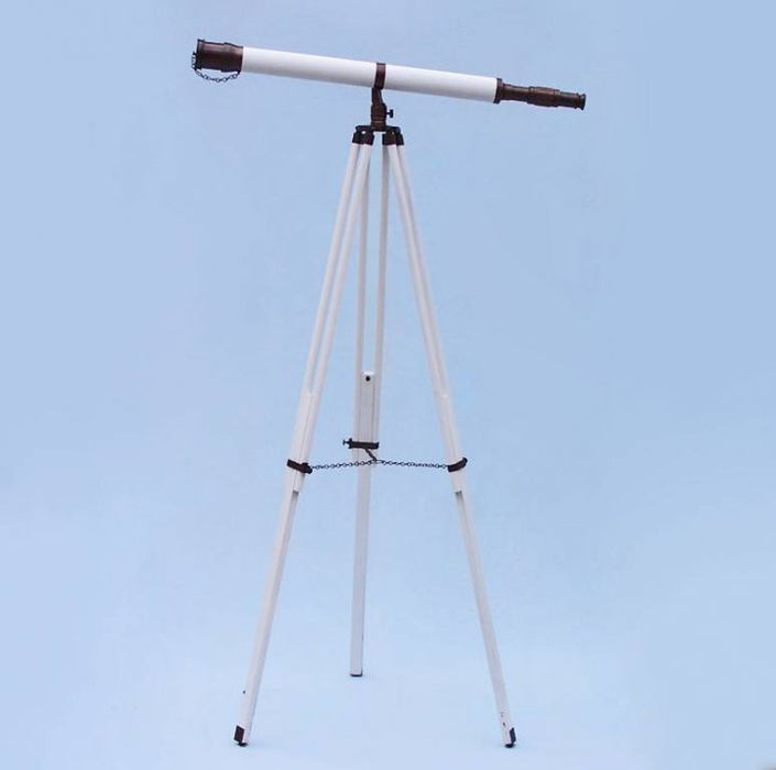Hampton Nautical 65-Inch Floor Standing Bronzed with White Leather Galileo Telescope Body Mounted on Tripod