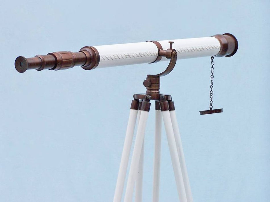 Hampton Nautical 65-Inch Floor Standing Bronzed with White Leather Galileo Telescope Body Side Profile Right