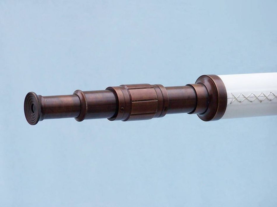 Hampton Nautical 65-Inch Floor Standing Bronzed with White Leather Galileo Telescope Extended Eyepiece