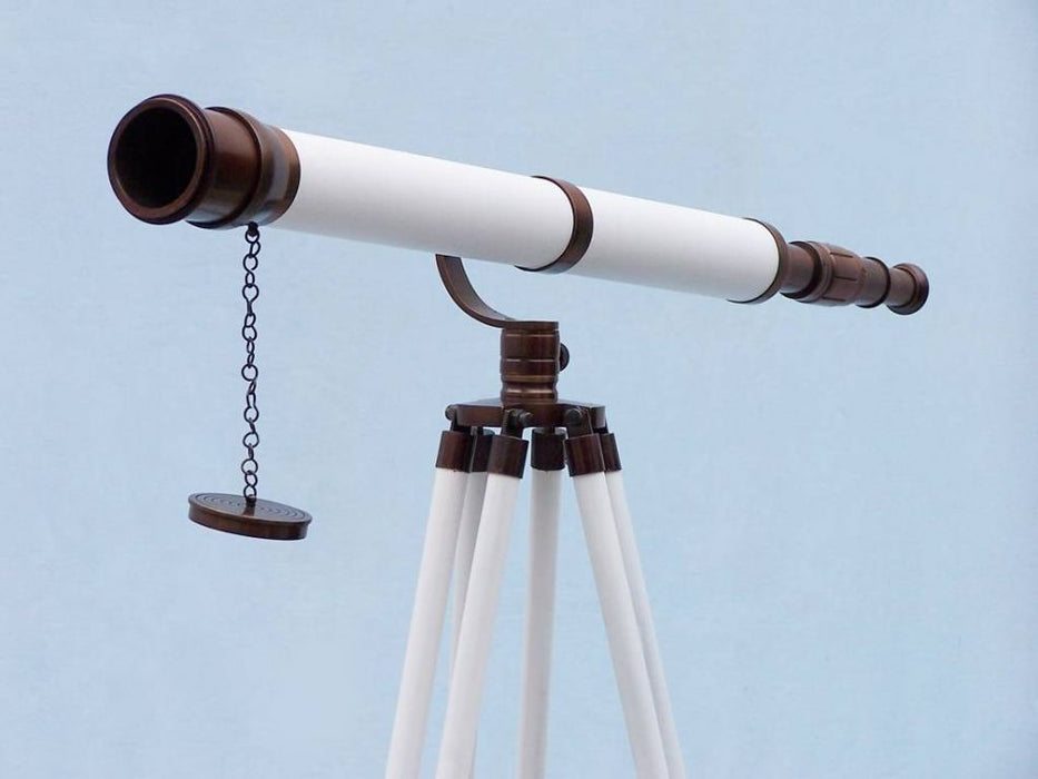 Hampton Nautical 65-Inch Floor Standing Bronzed with White Leather Galileo Telescope Objective Lens and Cap