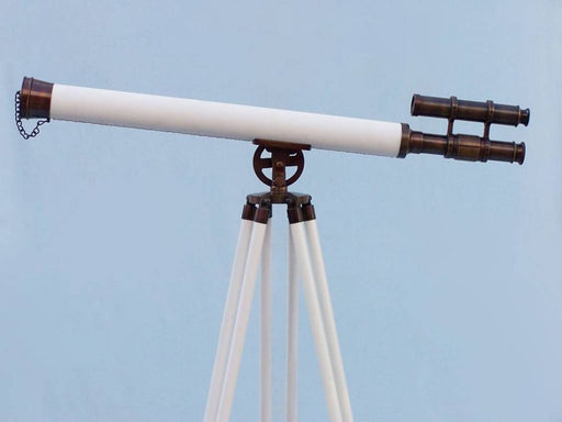 Hampton Nautical 65-Inch Floor Standing Bronzed with White Leather Griffith Astro Telescope Body on Tripod with Lens Cap Left Side Profile