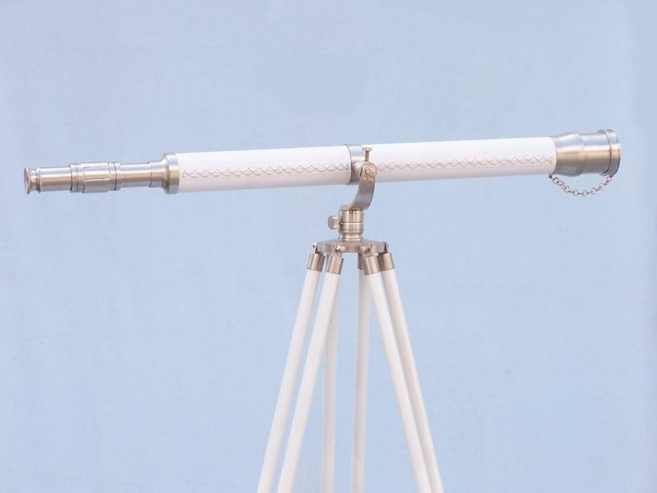Hampton Nautical 65-Inch Floor Standing Brushed Nickel With White Leather Galileo Telescope Body Side Profile Right