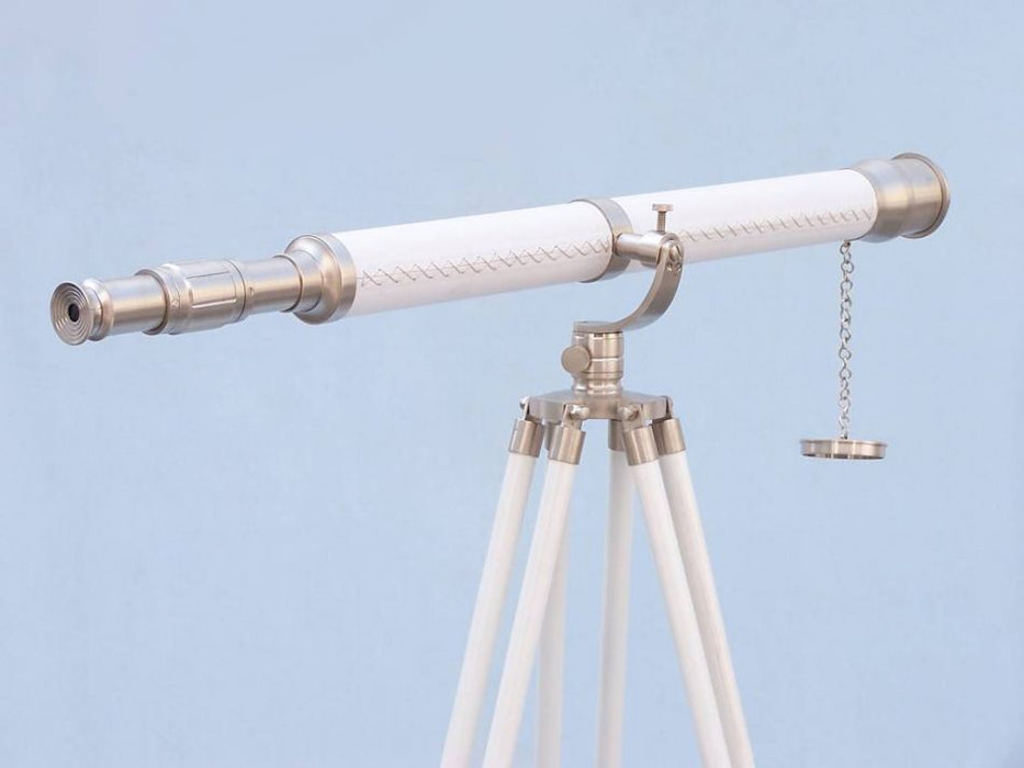 Hampton Nautical 65-Inch Floor Standing Brushed Nickel With White Leather Galileo Telescope Eyepiece with Objective Lens Cover