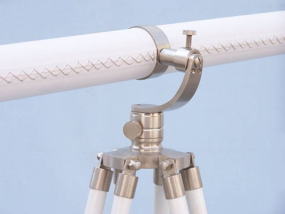 Hampton Nautical 65-Inch Floor Standing Brushed Nickel With White Leather Galileo Telescope Tripod Body