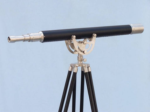 Hampton Nautical 65-Inch Floor Standing Brushed Nickel with Leather Anchormaster Telescope Body on Tripod Right Side Profile