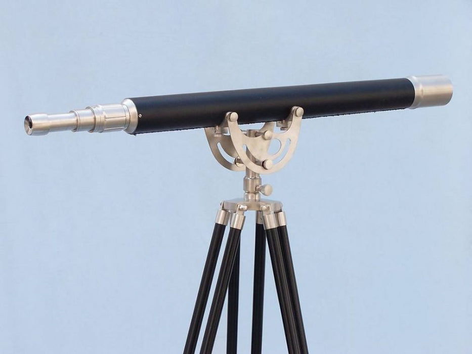 Hampton Nautical 65-Inch Floor Standing Brushed Nickel with Leather Anchormaster Telescope Body on Tripod Right Side Profile