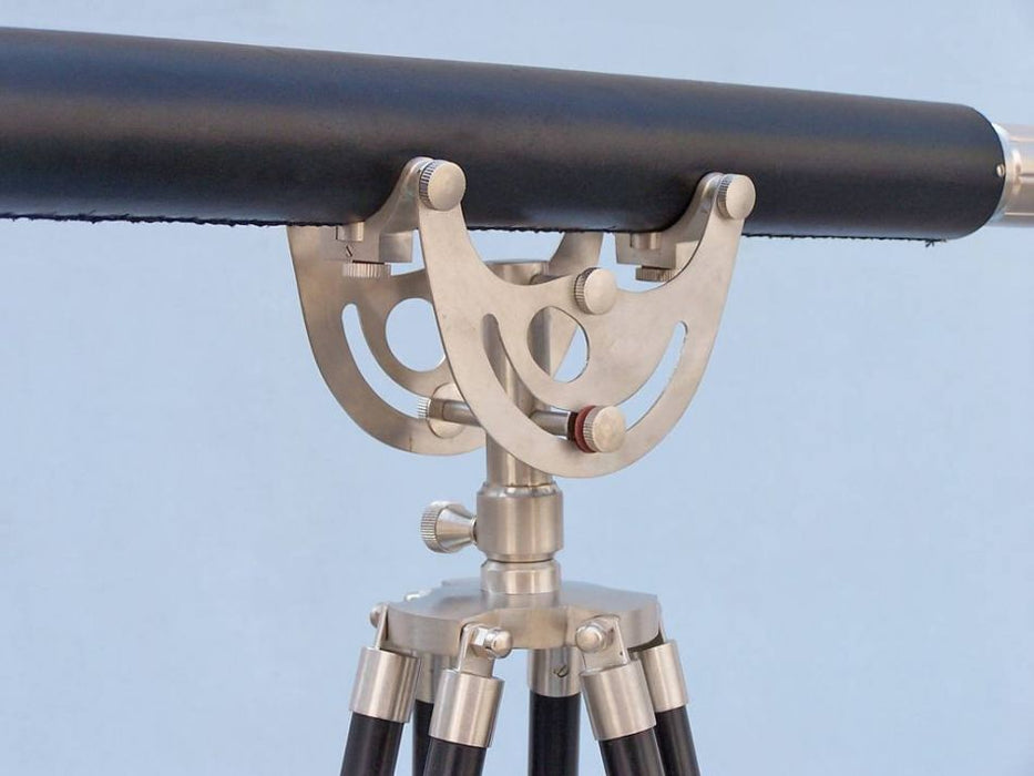 Hampton Nautical 65-Inch Floor Standing Brushed Nickel with Leather Anchormaster Telescope Tripod Body Base Side Profile Left