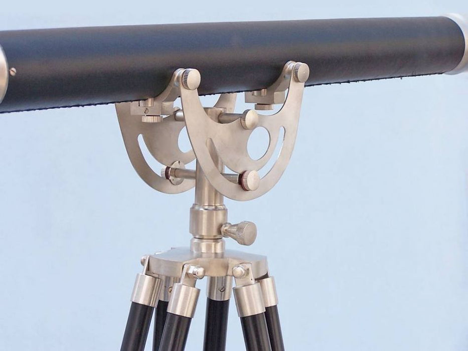 Hampton Nautical 65-Inch Floor Standing Brushed Nickel with Leather Anchormaster Telescope Tripod Body Base Side Profile Right