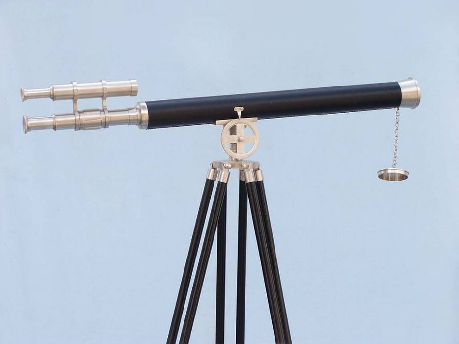 Hampton Nautical 65-Inch Floor Standing Brushed Nickel with Leather Griffith Astro Telescope Body Objective Lens and Lens Cap Side Profile Right