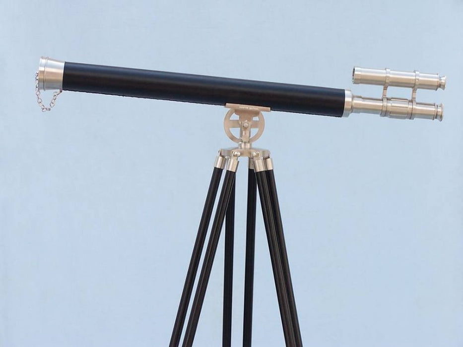 Hampton Nautical 65-Inch Floor Standing Brushed Nickel with Leather Griffith Astro Telescope Body on Tripod with Lens Cap Left Side Profile