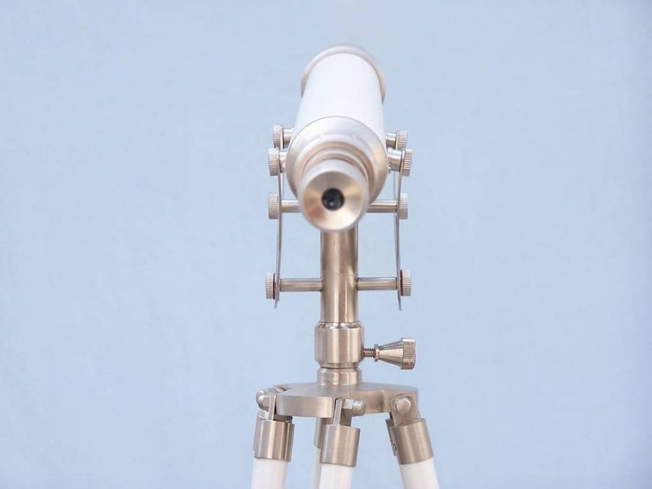 Hampton Nautical 65-Inch Floor Standing Brushed Nickel with White Leather Anchormaster Telescope Body Eyepiece Rear Profile 