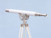 Hampton Nautical 65-Inch Floor Standing Brushed Nickel with White Leather Anchormaster Telescope Body Mounted on Tripod Side Profile Left