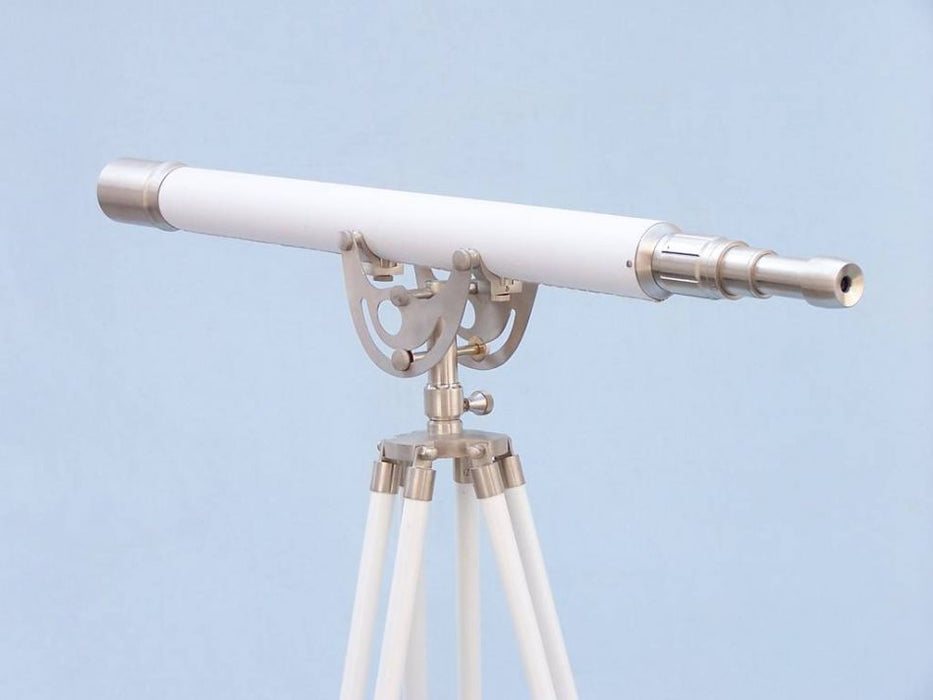 Hampton Nautical 65-Inch Floor Standing Brushed Nickel with White Leather Anchormaster Telescope Body Mounted on Tripod Side Profile Left