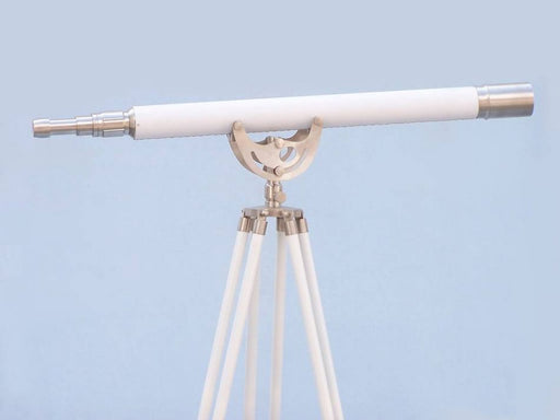 Hampton Nautical 65-Inch Floor Standing Brushed Nickel with White Leather Anchormaster Telescope Body Mounted on Tripod Side Profile Right