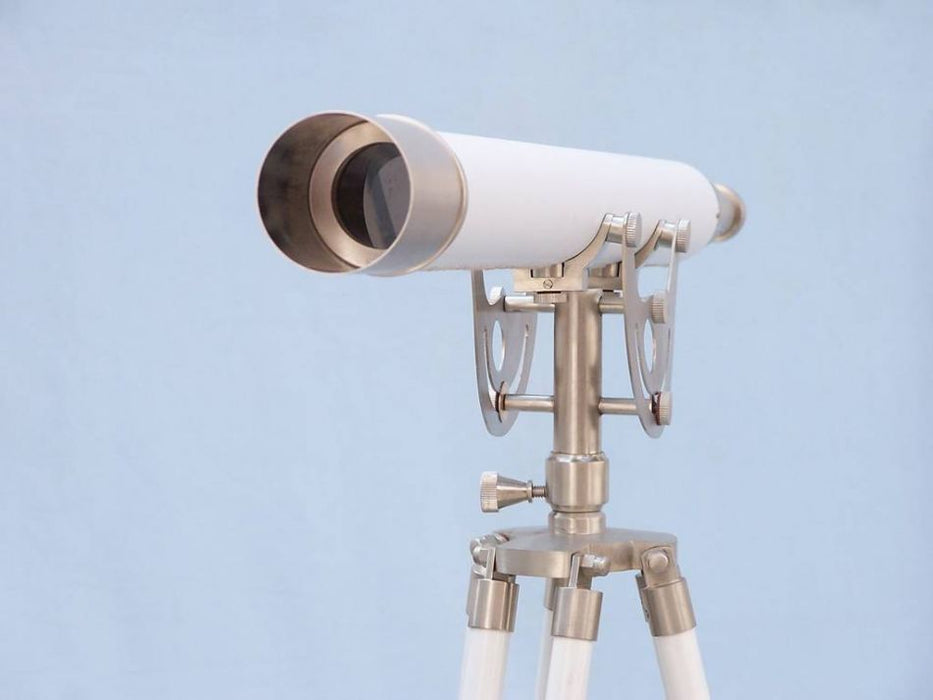 Hampton Nautical 65-Inch Floor Standing Brushed Nickel with White Leather Anchormaster Telescope Body Objective Lens