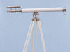 Hampton Nautical 65-Inch Floor Standing Brushed Nickel with White Leather Griffith Astro Telescope Body on Tripod with Lens Cap Right Side Profile