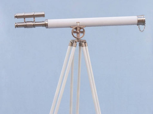 Hampton Nautical 65-Inch Floor Standing Brushed Nickel with White Leather Griffith Astro Telescope Body on Tripod with Lens Cap Right Side Profile