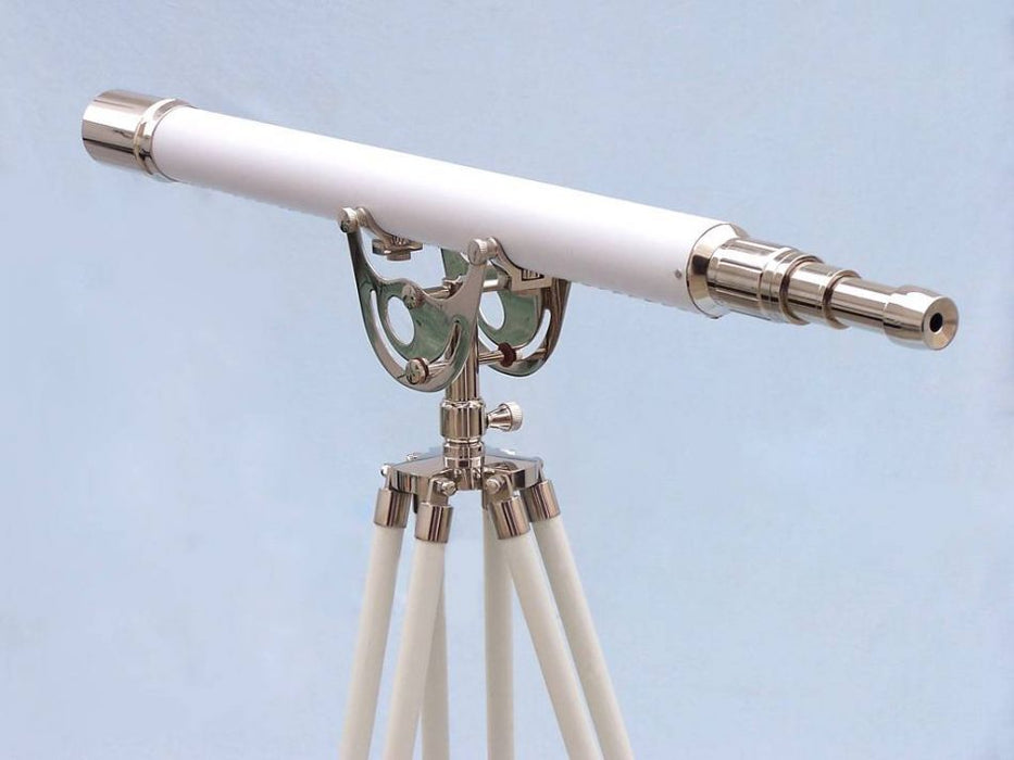Hampton Nautical 65-Inch Floor Standing Chrome with White Leather Anchormaster Telescope Rear Body Eyepiece Side Profile Left