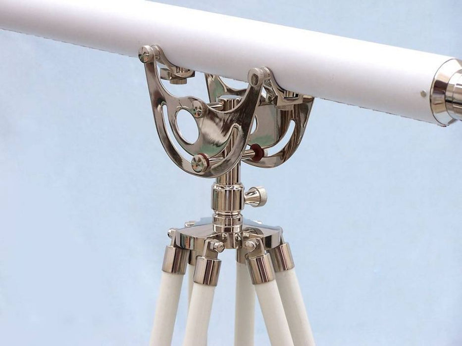 Hampton Nautical 65-Inch Floor Standing Chrome with White Leather Anchormaster Telescope Tripod Body Base Left Side Profile