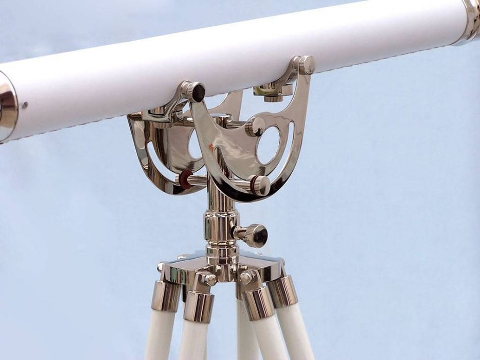 Hampton Nautical 65-Inch Floor Standing Chrome with White Leather Anchormaster Telescope Tripod Body Base with Knob