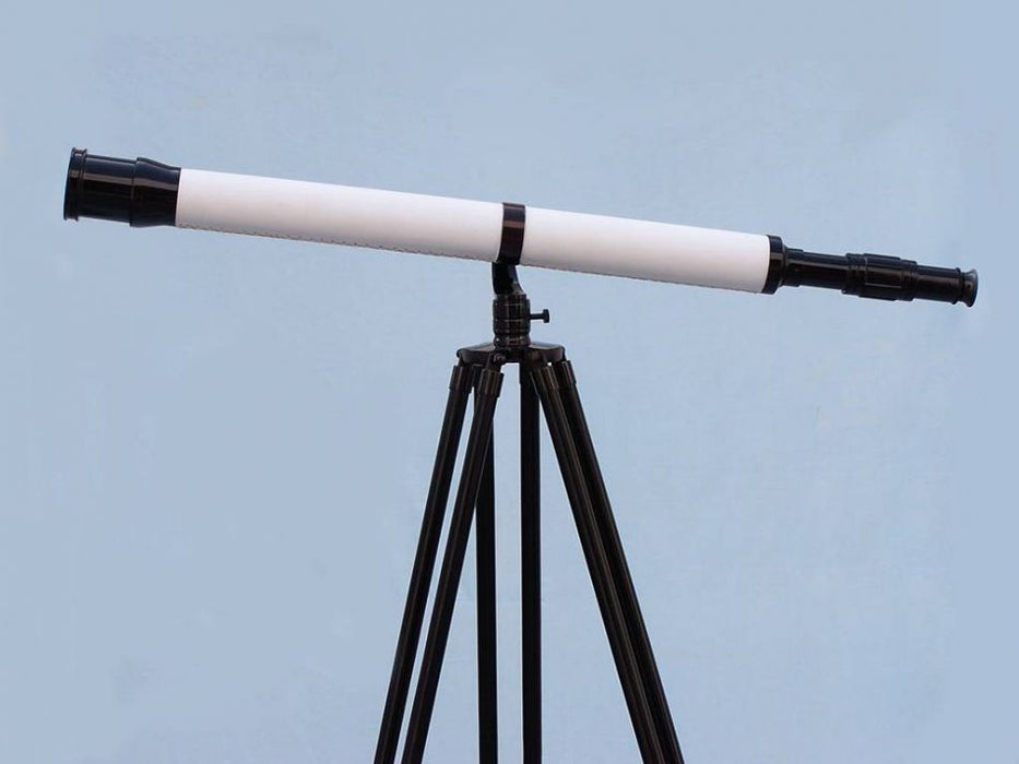 Hampton Nautical 65-Inch Floor Standing Oil-Rubbed Bronze-White Leather With Black Stand Galileo Telescope Body Side Profile Left