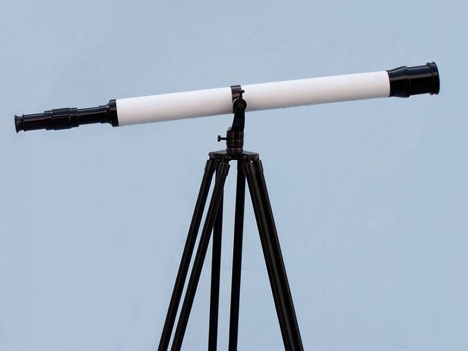 Hampton Nautical 65-Inch Floor Standing Oil-Rubbed Bronze-White Leather With Black Stand Galileo Telescope Body Side Profile Right