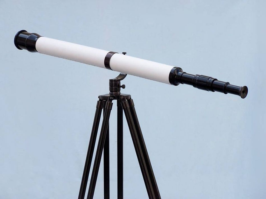 Hampton Nautical 65-Inch Floor Standing Oil-Rubbed Bronze-White Leather With Black Stand Galileo Telescope Body on Tripod Left Profile