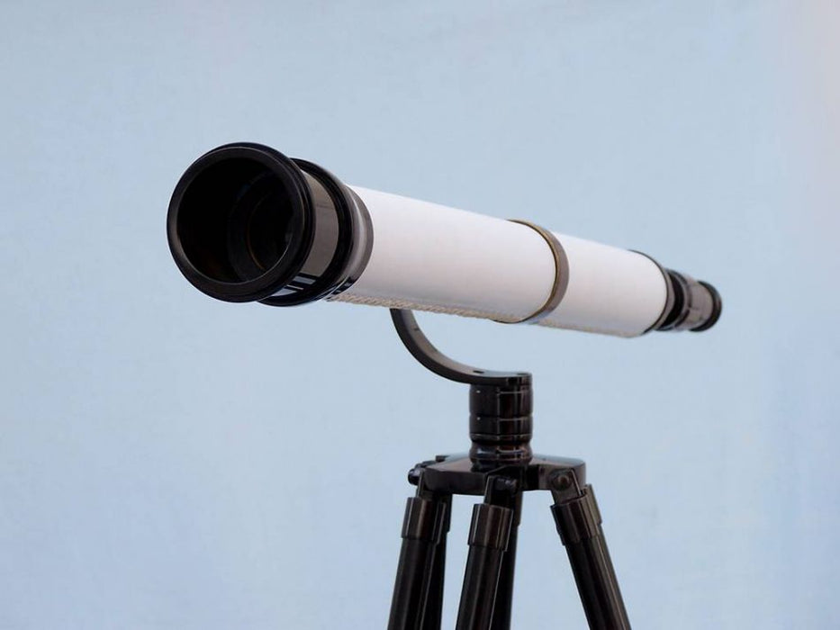 Hampton Nautical 65-Inch Floor Standing Oil-Rubbed Bronze-White Leather With Black Stand Galileo Telescope Objective Lens