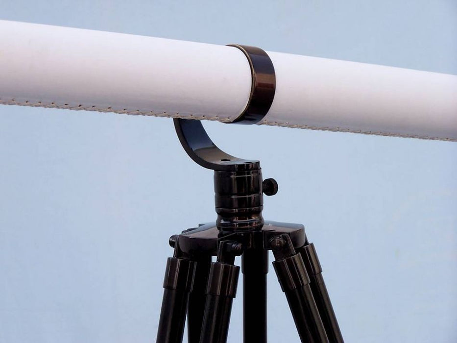 Hampton Nautical 65-Inch Floor Standing Oil-Rubbed Bronze-White Leather With Black Stand Galileo Telescope Tripod Body Left Profile