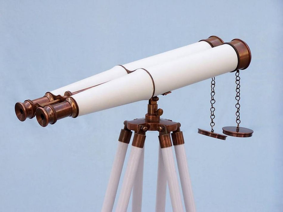 Hampton Nautical 62-inch Floor Standing Admirals Antique Copper With White Leather Binoculars