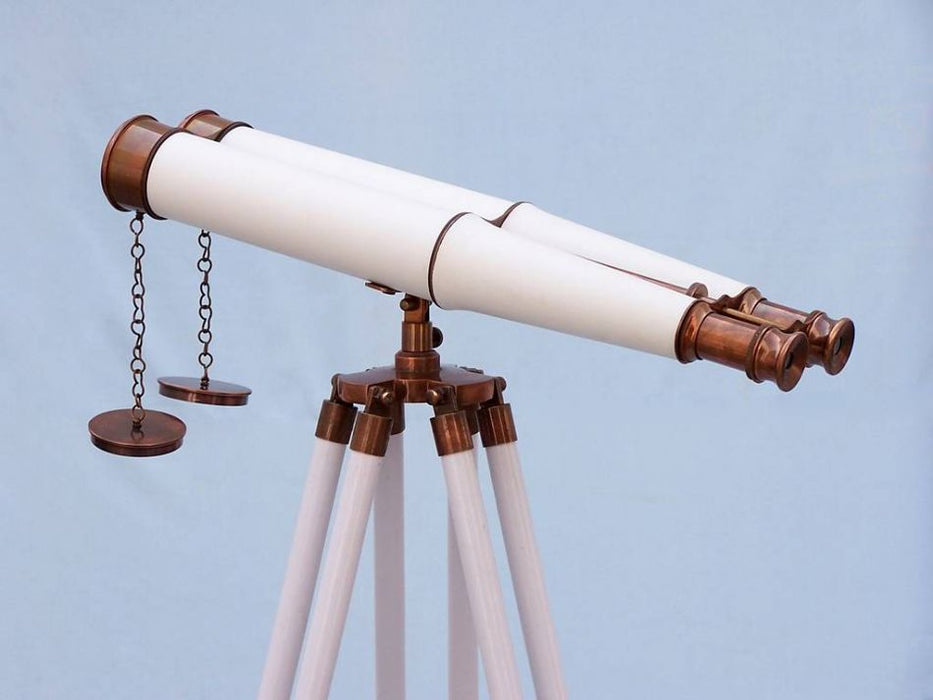 Hampton Nautical 62-inch Floor Standing Admirals Antique Copper With White Leather Binoculars