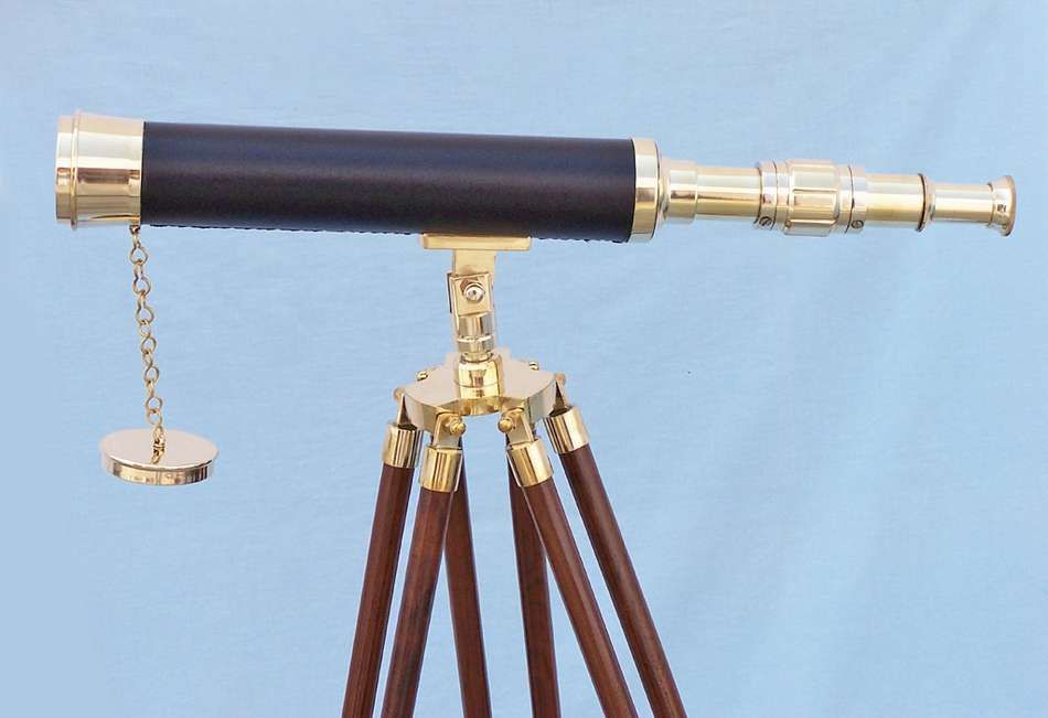 Hampton Nautical 50-inch Floor Standing Brass & Leather Harbor Master Telescope