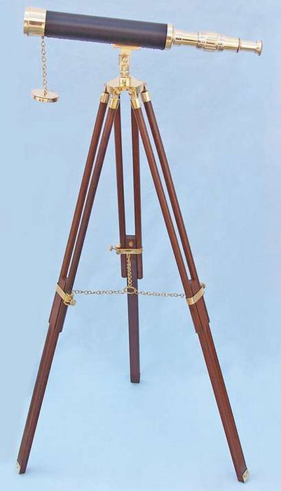 Hampton Nautical 50-inch Floor Standing Brass & Leather Harbor Master Telescope